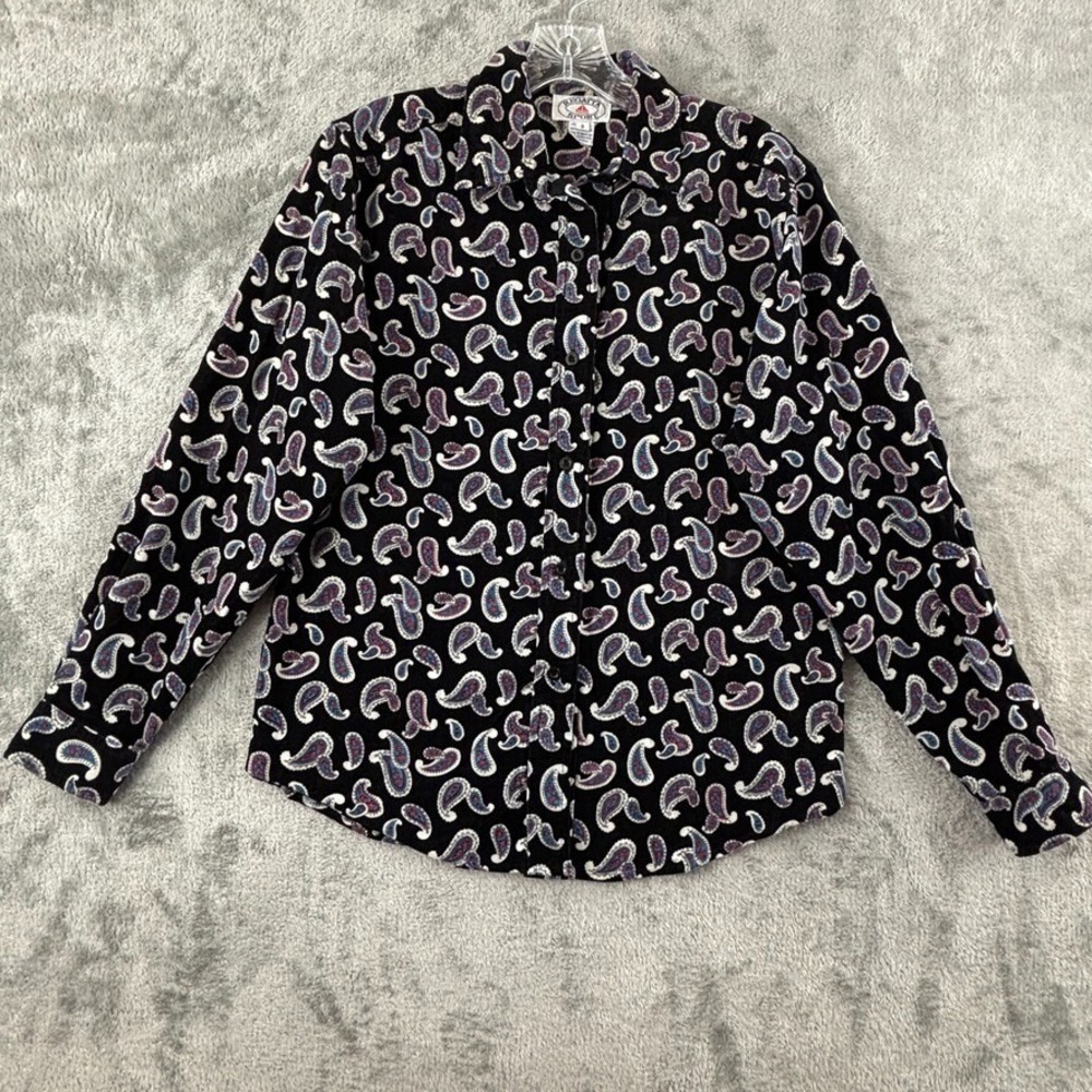 Vintage Regatta Sport Paisley Corduroy Button Shirt Womens 8 Black Long‎ Sleeve